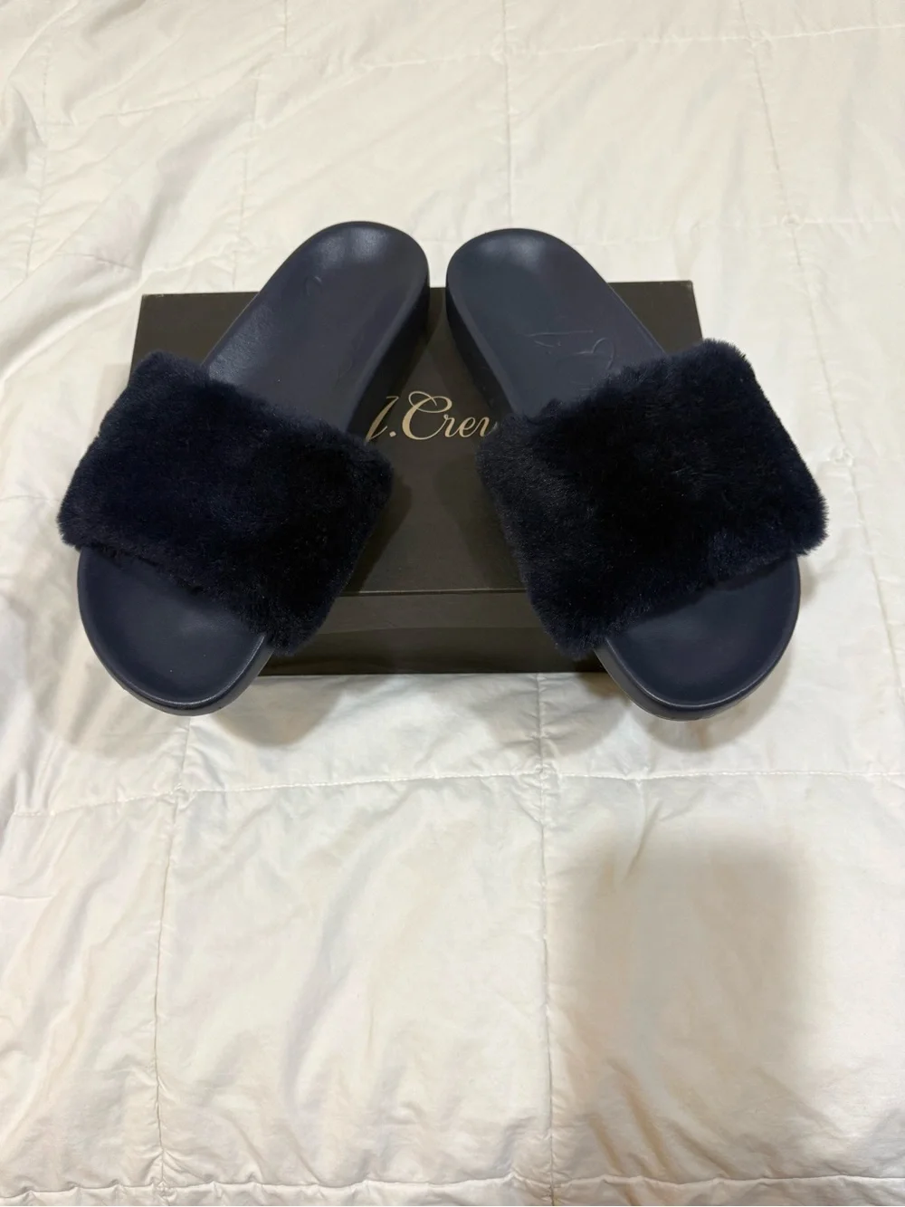 J. Crew Navy Pacific Fluffy Strap Faux Fur Slide Sandals BA189 Leather